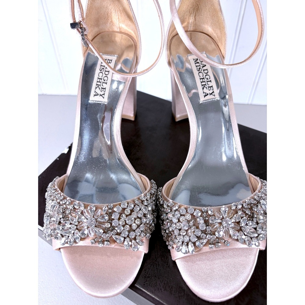 Badgley Mischka Light Pink Crystal Embellished Satin Block Heel Sandals Slides 6 - Picture 2 of 16